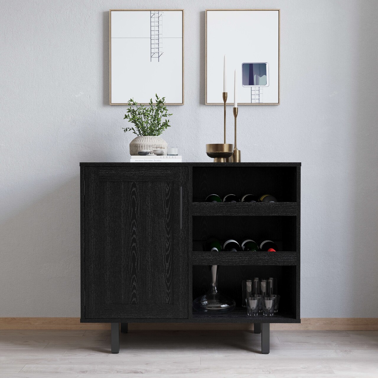 Merrick Lane Aloise Bar and Sideboard with Storage Cabinet, Hanging Stemware Holders and Bottle Storage